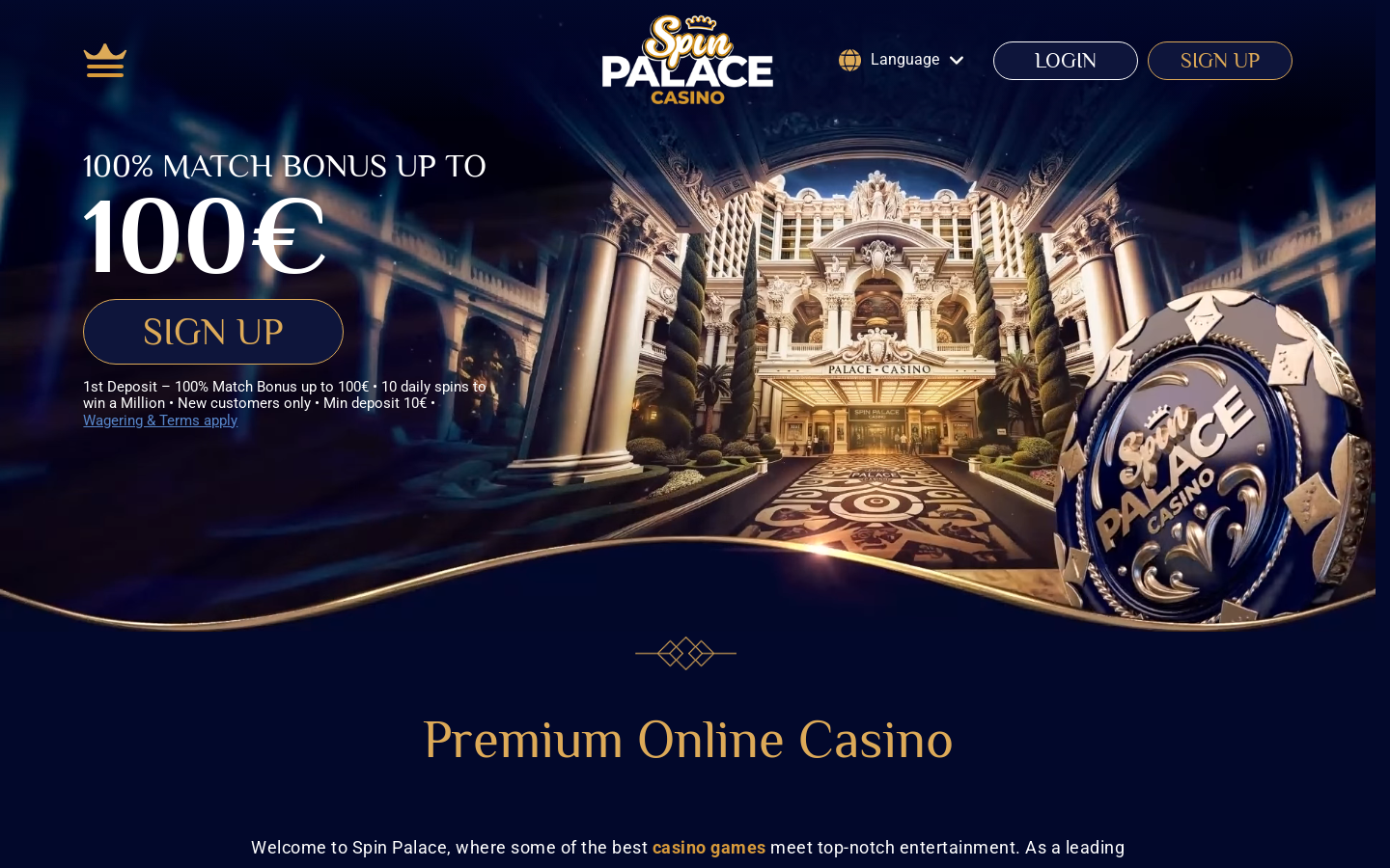 Spin Palace homepage